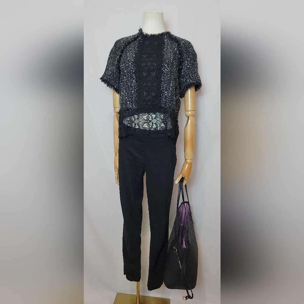 ZARA Tweed Black White Beige Fringe Trim Short Sleeve w/lace, Size Large